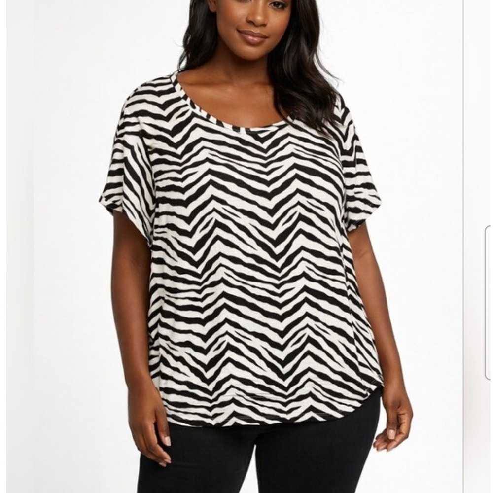 Tahari 100% Linen Zebra Print Short Sleeve Top Black White 3X Coastal Beachy